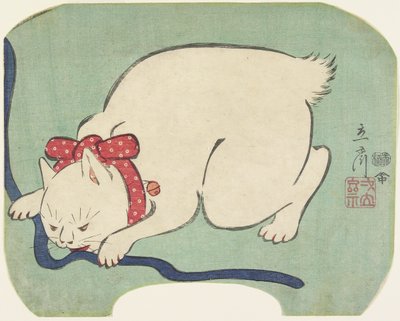 A White Cat Playing with a String by Hiroshige II